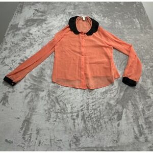 Forever 21 Top Blouse Women's Size Small Orange Long Sleeve Sheer Black Trim EUC